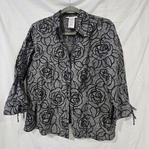 JM Collection 100% Linen 12P Button Up Floral Womans Blouse